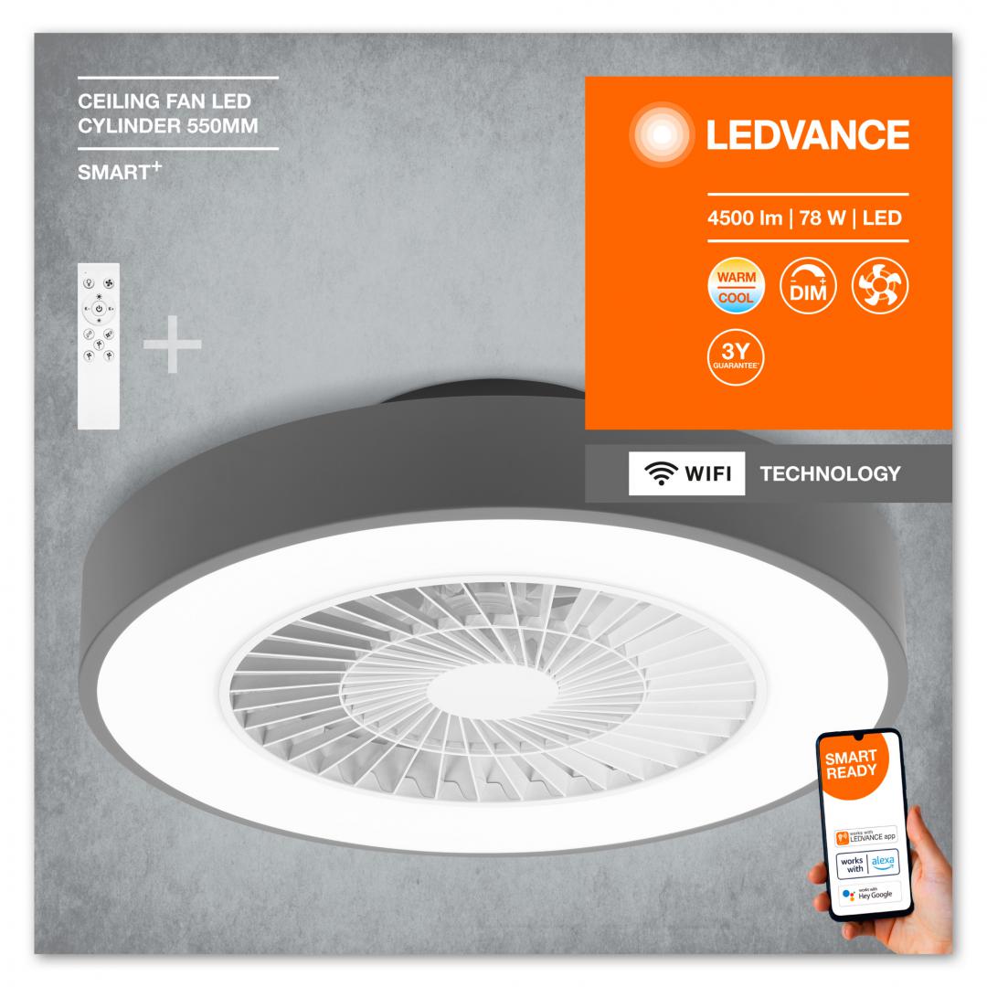 Plafoniera LED inteligenta cu ventilator Ledvance Smart+ WiFi CEILING FAN cu Telecomanda, 78W, 4500 lm, lumina alba (3000-6500K),dimabila, IP20, Ø600x216mm, Alb