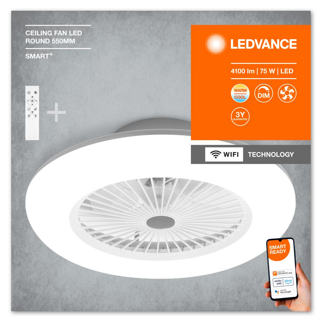 Plafoniera LED inteligenta cu ventilator Ledvance Smart+ WiFi CEILING FAN cu Telecomanda, 75W, 4100 lm, lumina alba (3000-6500K), dimabila, IP20, Ø600x216mm, Alb