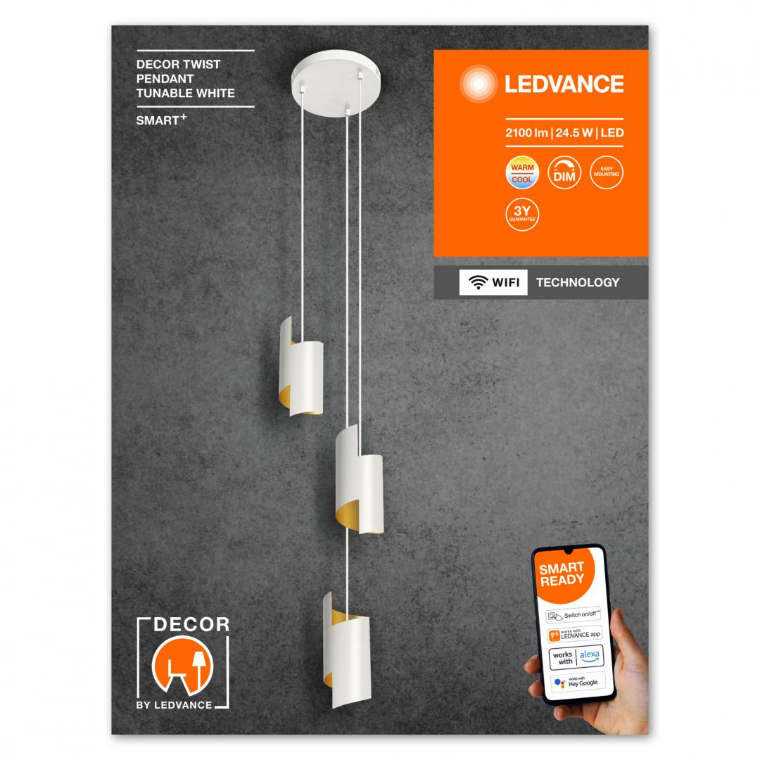 Pendul LED inteligent Ledvance SMART+ WiFi DECOR TWIST, 24.5W, 2100 lm ,lumina alba (3000-6500K), dimabila, IP20, Ø265x1500mm, Alb,clasaenergetica F