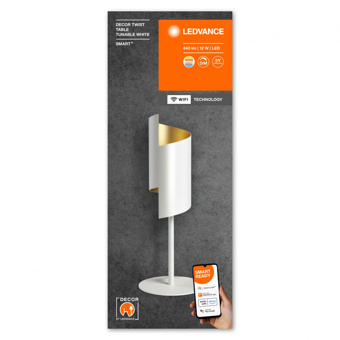 Veioza LED inteligenta Ledvance SMART+ WiFi DECOR TWIST, 12W, 840 lm, lumina alba (3000-6500K), dimabila. IP20, cablu alimentare 1.8m cu intrerupator, Ø150x392mm, Alb, clasa energetica F