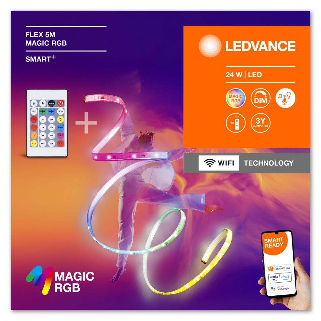 Kit Banda LED RGB inteligenta Ledvance SMART+ Wifi FLEX Magic cu Telecomanda, 24W, 220-240V, 350lm/m, lumina alba si color (2700-6500K), dimabila, reglare individuala a fiecarui segment, IP20, 5 metri