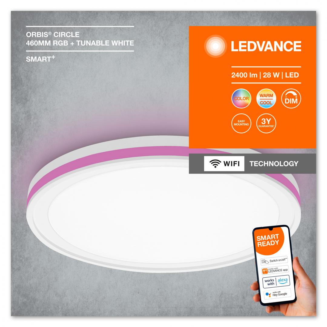 Plafoniera LED RGB inteligenta Ledvance SMART+ Wifi Orbis Circle 460 ,28W, 2400 lm, lumina alba si color (3000-6500K), IP20, Ø460x95mm,ABS/Policarbonat, Alb