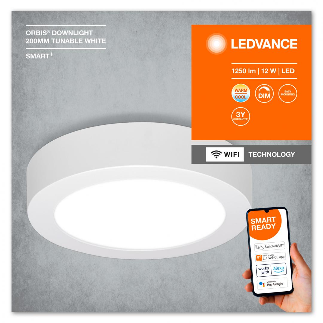 Panou LED inteligent Ledvance Smart+ WiFi ORBIS ROUND DOWNLIGHT SURFACE, 12W, 1250 lm, lumina alba (3000-6500K), dimabila, IP20, Ø200x40mm, Alb, clasa energetica F