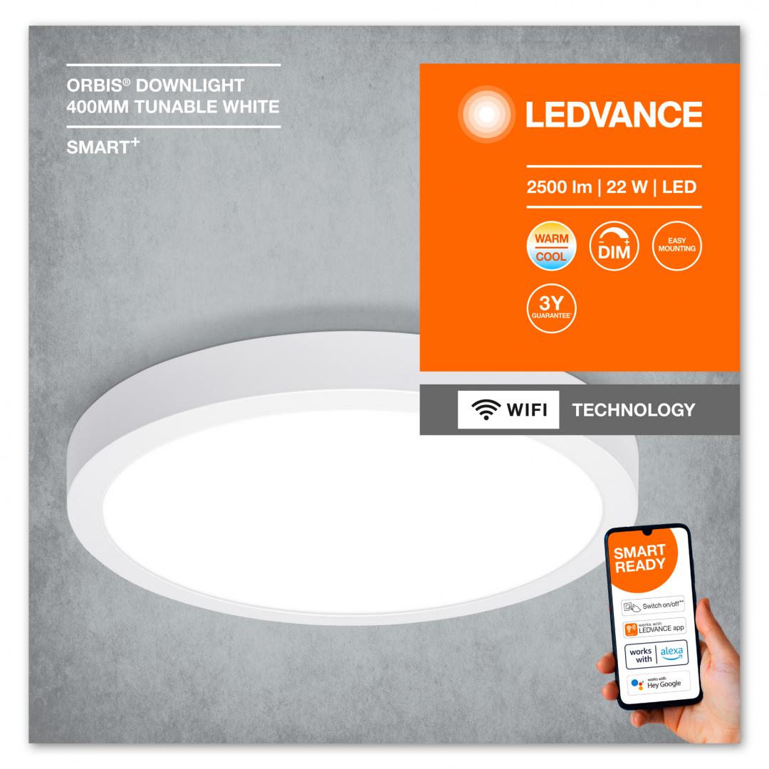 Panou LED inteligent Ledvance Smart+ WiFi ORBIS ROUND DOWNLIGHT SURFACE ,22W, 2500 lm, lumina alba (3000-6500K), dimabila, IP20,Ø400x40mm, Alb,clasa energetica F