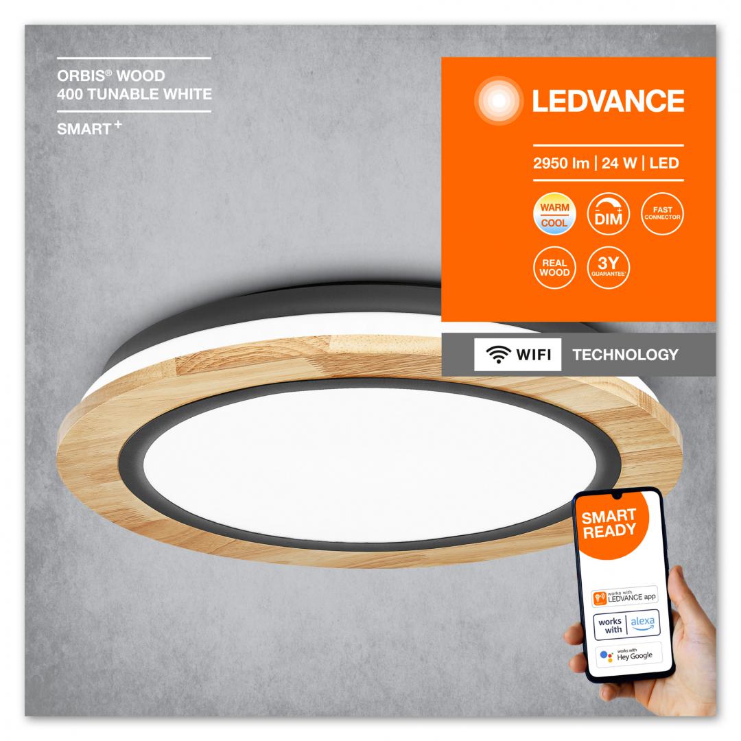 Plafoniera LED inteligenta Ledvance Smart+ WiFi ORBIS WOOD, 24W, 2950 lm, lumina alba (2700-6500K), dimabila, IP20, Ø400x75mm, Lemn natur, clasa energetica E