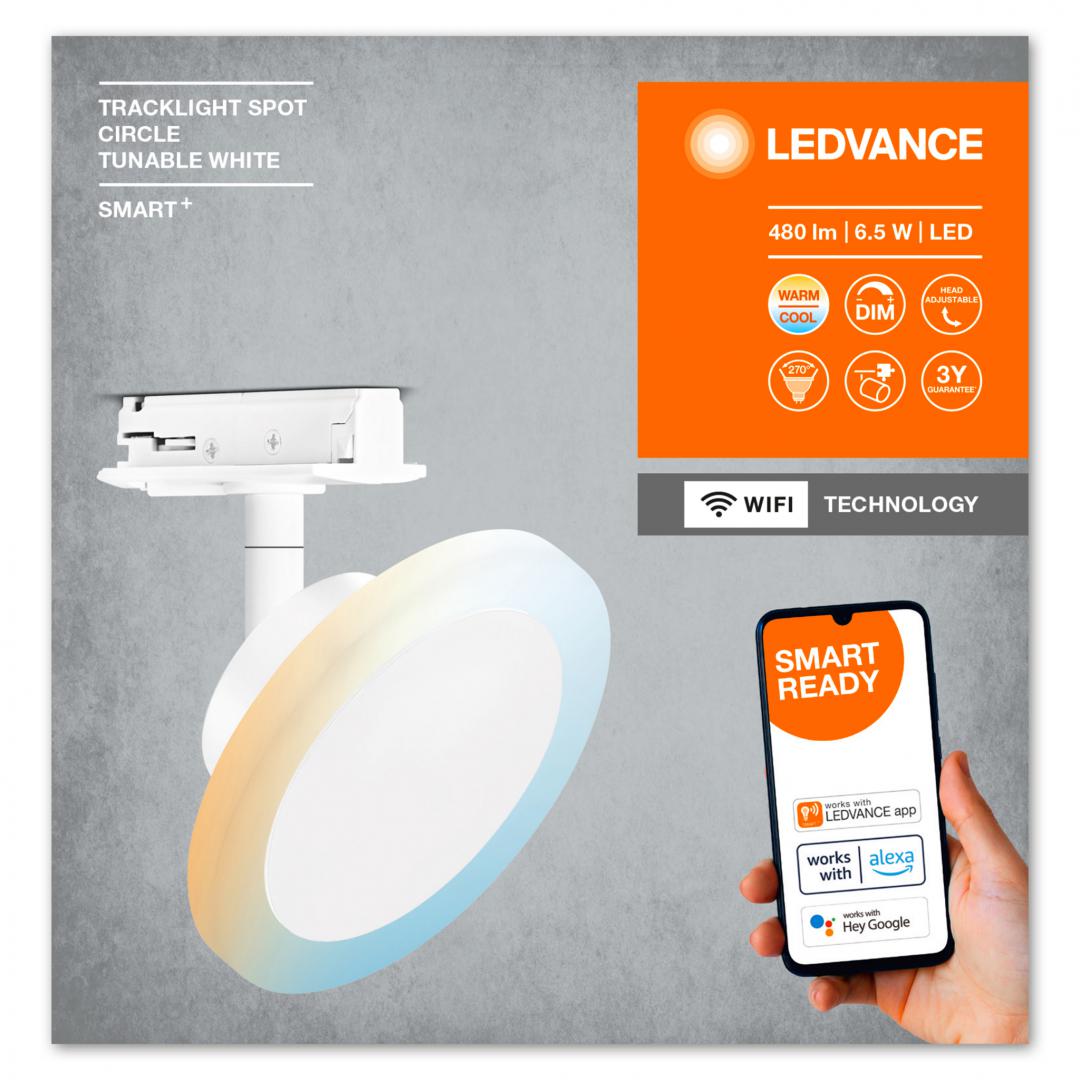 Spot LED inteligent pe sina Ledvance Smart+ WiFi TRACKLIGHT SPOT CIRCLE, 6.5W, 480 lm, lumina alba (3000-6500K), dimabila, IP20, reglabil, Ø120x95mm, Alb