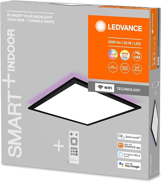 Panou LED RGB inteligent Ledvance SMART+ Wifi PLANON+ BACKLIGHT cu Telecomanda, 28W, 2000 lm, lumina alba si color (3000-6500K), IP20, 450x450x56mm, aluminiu, Negru