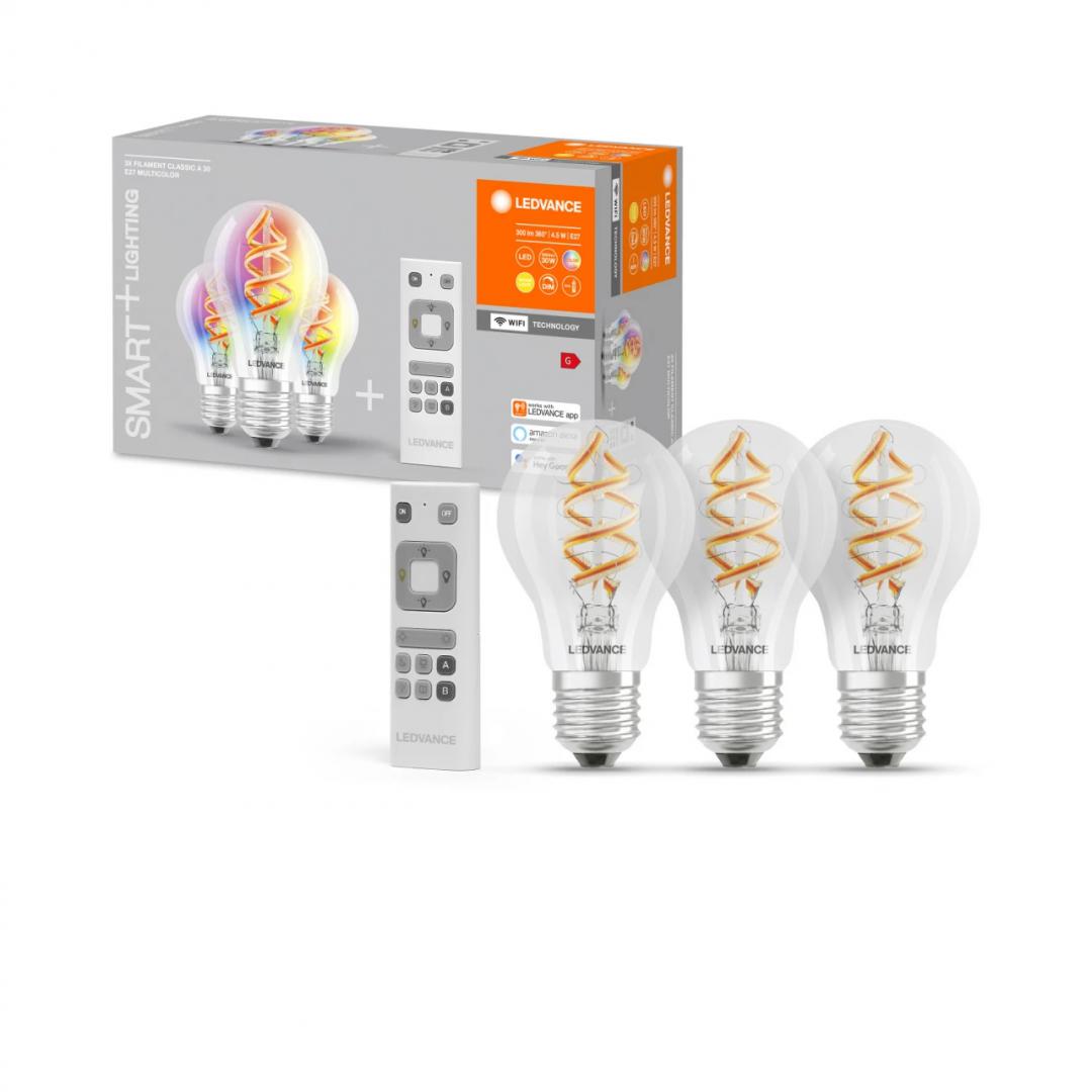 Pachet 3 Becuri LED RGB inteligente Ledvance SMART+ WiFi Filament Multicolour A, E27, 4.5W (30W), 300 lm, lumina alba si color (2700K) + Telecomanda, fara baterii