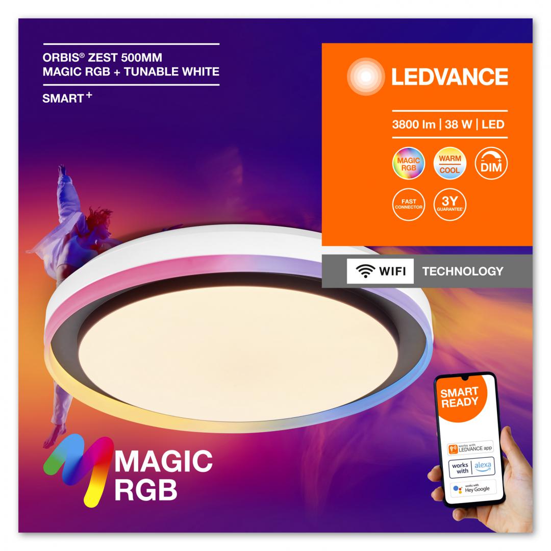 Plafoniera LED RGB inteligenta Ledvance Smart+ WiFi Magic ORBIS ZEST cu Telecomanda, 38W, 3800 lm, lumina alba si color (2700-6500K), dimabila, IP20, Ø490x100mm, Negru, clasa energetica E