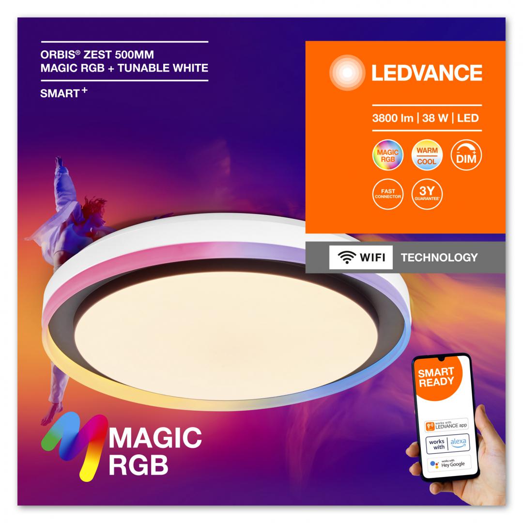 Plafoniera LED RGB inteligenta Ledvance Smart+ WiFi Magic ORBIS ZEST cu Telecomanda, 38W, 3800 lm, lumina alba si color(2700-6500K), dimabila, IP20, Ø490x100mm, Negru, clasa energetica E