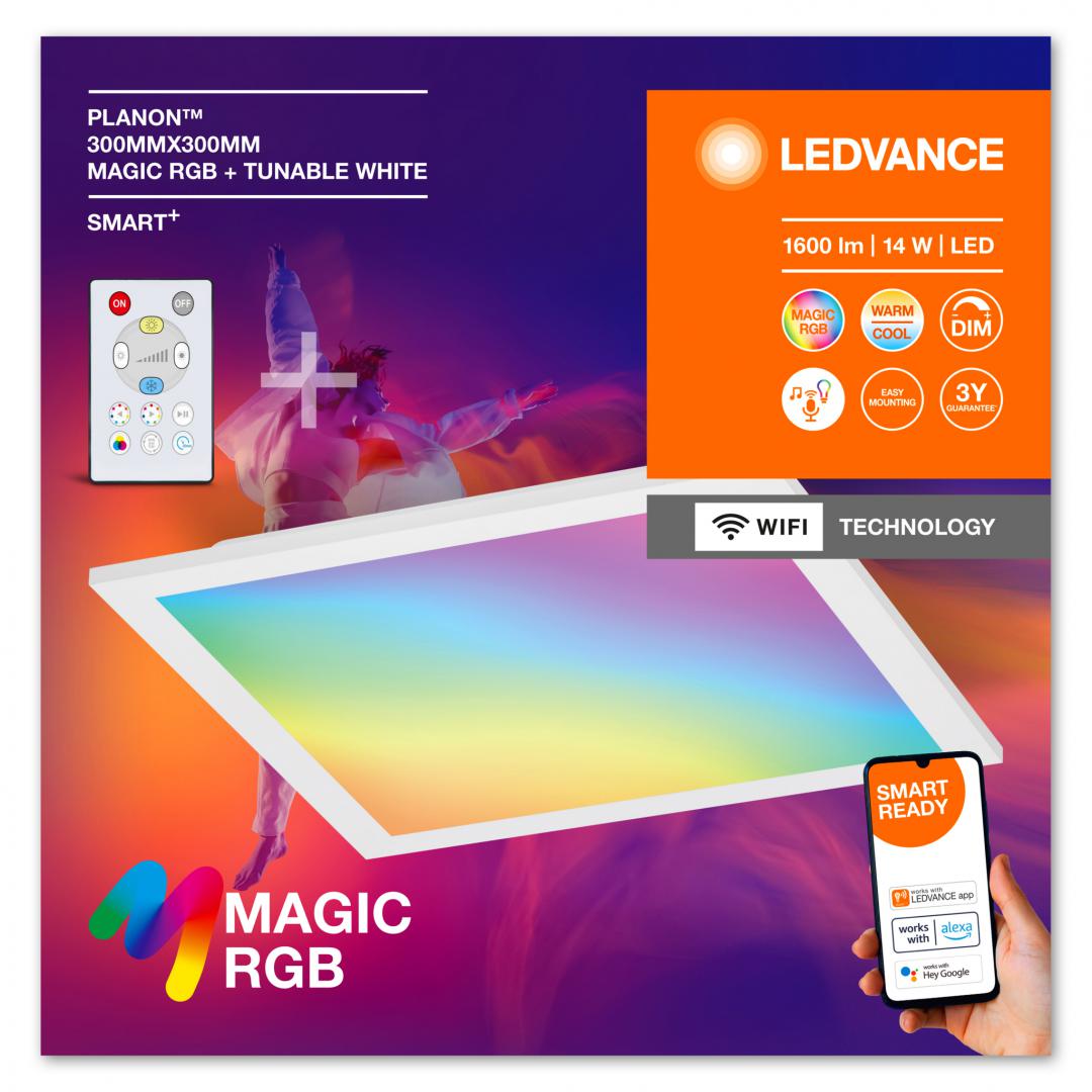 Panou LED RGB inteligent Ledvance SMART+ Wifi PANEL Magic cu Telecomanda, 14W, 1600 lm, lumina alba si color (2700-6500K), dimabila, IP20, 295x295x60mm, metal/PMMA, Alb