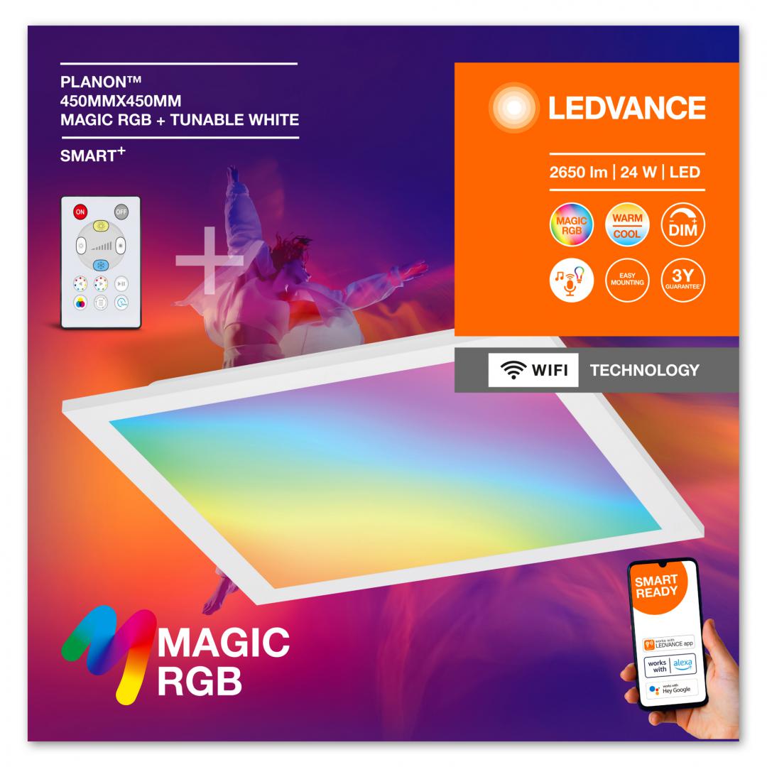 Panou LED RGB inteligent Ledvance SMART+ Wifi PANEL Magic cu Telecomanda, 24W, 2650 lm, lumina alba si color (2700-6500K), dimabila, IP20, 445x445x60mm, metal/PMMA, Alb