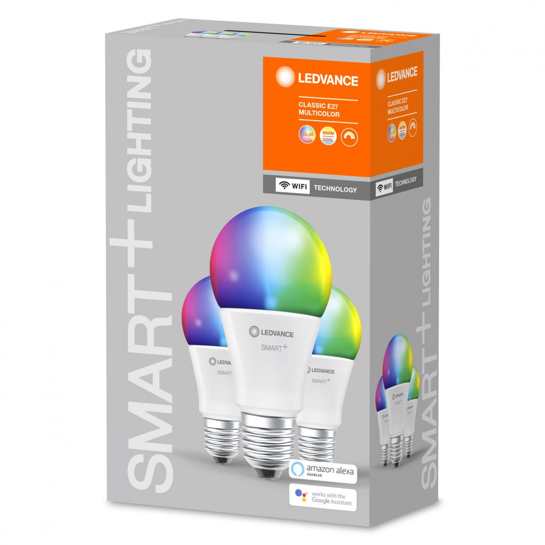 3 Becuri LED RGB inteligent Ledvance SMART+ WiFi Classic Multicolour A ,E27, 9.5W (75W), 1055 lm, lumina alba si color (2700-6500K)