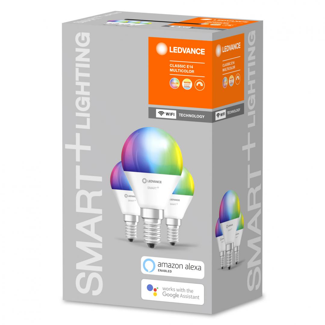 3 Becuri LED RGB inteligent Ledvance SMART+ WiFi Mini Bulb MulticolourP ,E14, 4.9W (40W), 470 lm, lumina alba si color (2700-6500K)