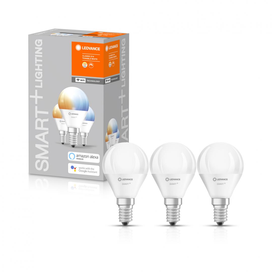 3 Becuri LED inteligent Ledvance SMART+ WiFi Mini Bulb Tunable White P, E14, 4.9W (40W), 470 lm, lumina alba (2700-6500K)