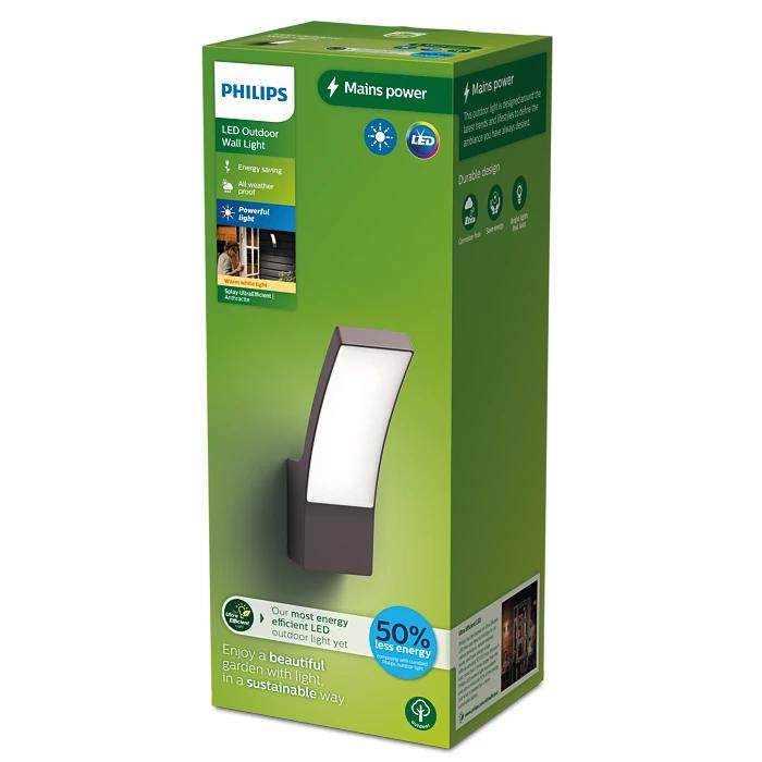 Aplica LED pentru exterior Philips SPLAY, 3.8W, 800 lm, lumina calda (2700K), IP44, 240x160x80mm, Antracit