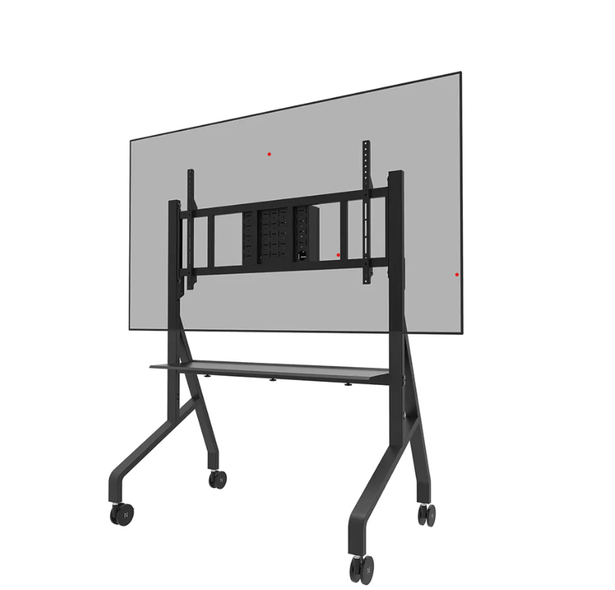 Stand podea mobil/fix Neomounts FL50-575BL1; pentru display-uri cu diagonale 65"-110", sistem de prindere VESA 100x100~1100x600, greutate maxima suportata 125kg, fix, inaltime reglabila manual 1290-1360mm (4 presetari); polita AV max load 10kg, rack AV, management cabluri, 2 stalpi; pre-asamblat