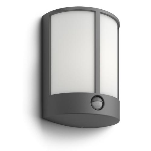 Aplica LED pentru exterior cu senzor de miscare Philips Stock, 6W (47W) ,600 lm, lumina calda (2700K), IP44, 88x180x246mm, Antracit