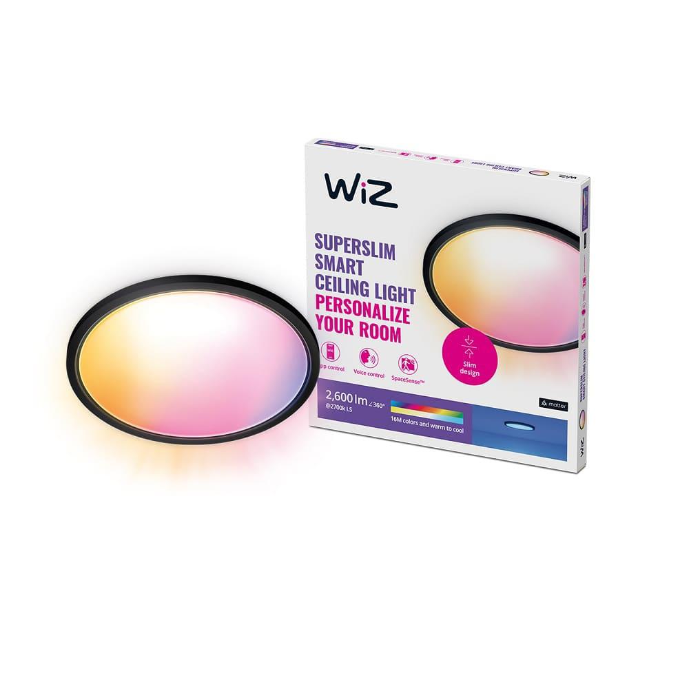 Plafoniera LED RGB WiZ SuperSlim, Wi-Fi, control vocal, 22W, 2600 lm ,lumina alba si color (2200-6500K), IP20, 43cm, Negru