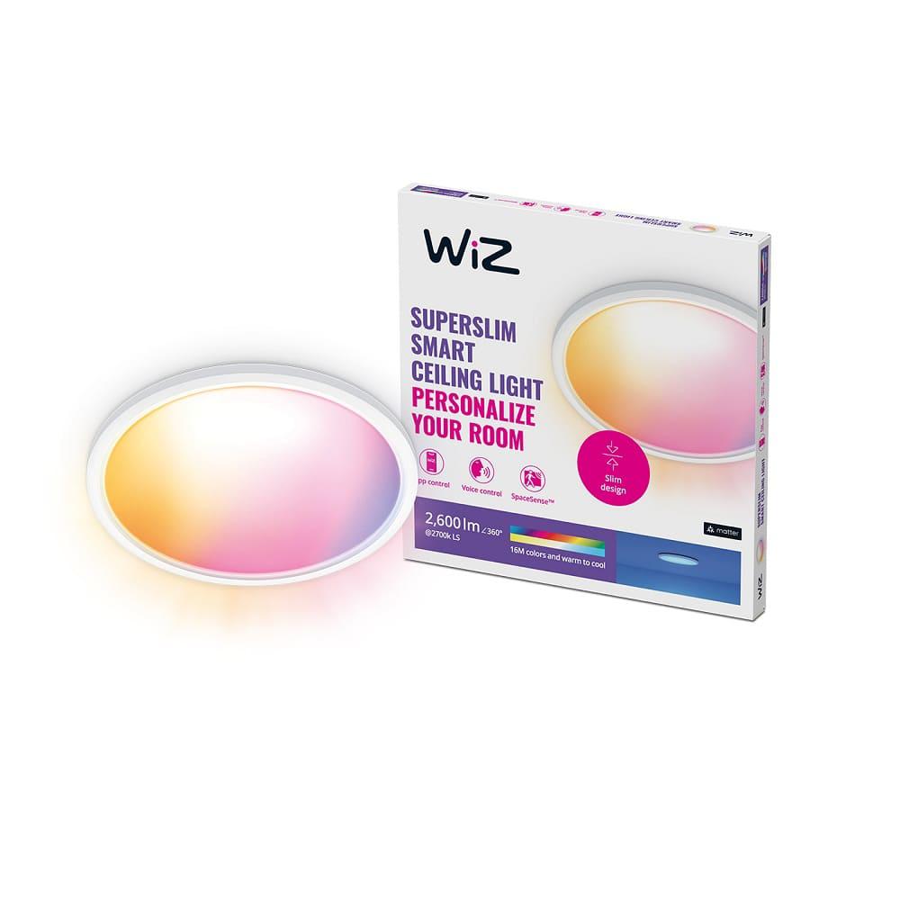 Plafoniera LED RGB WiZ SuperSlim, Wi-Fi, control vocal, 22W, 2600 lm ,lumina alba si color (2200-6500K), IP20, 43cm, Alb