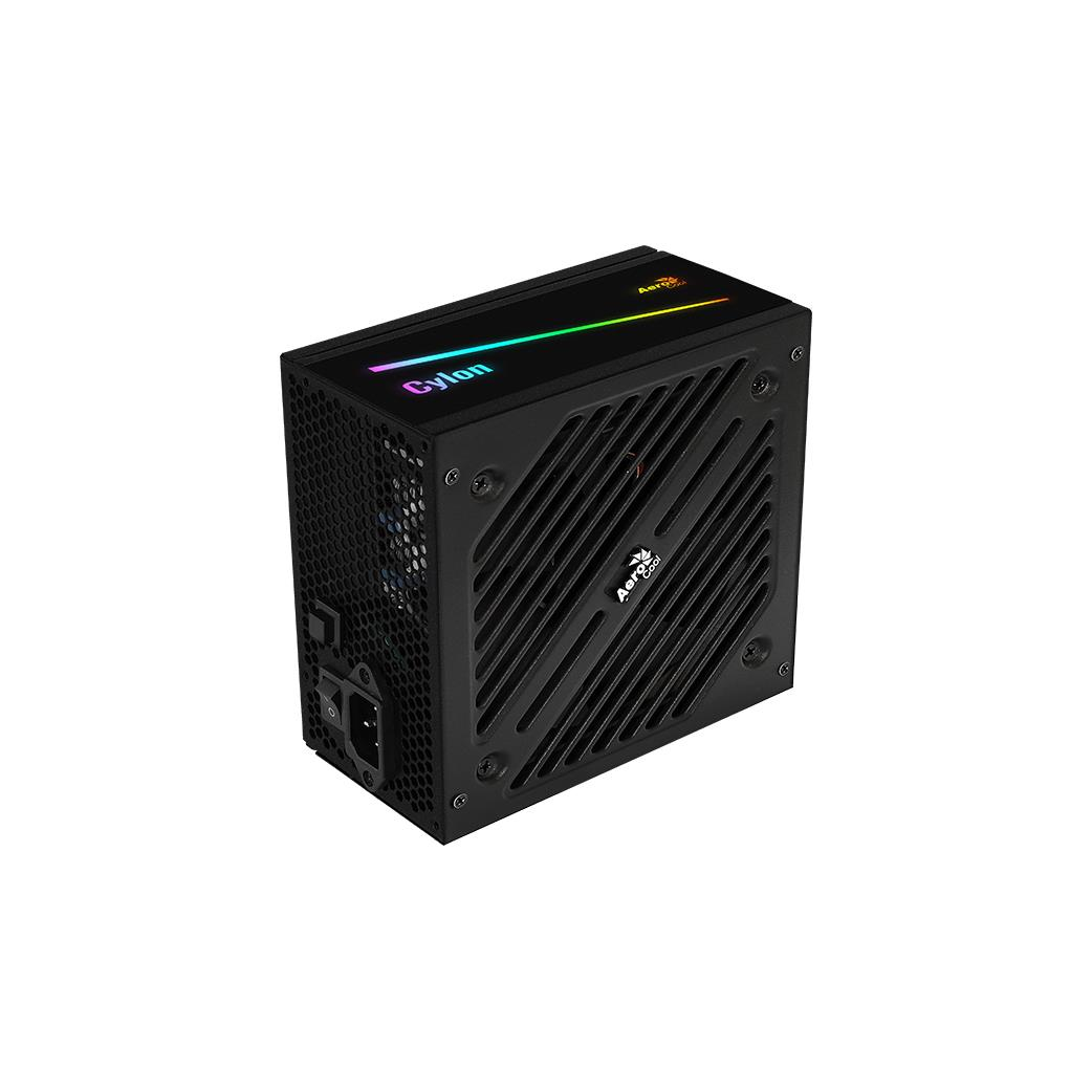 Sursa Aerocool Cylon 500W iluminare RGB, eficienta 85%, single rail (37A), ventilator silentios de 120mm cu iluminare RGB cu control termic automat, 2x 6+2pin PCIE, 5x SATA, 3x Molex, 1x Floppy, 1x 4+4pin EPS12V (lungime 550mm), 1x 24pin (lungime 500mm), protectii OPP/OVP/UVP/SCP/SIP, Active PFC