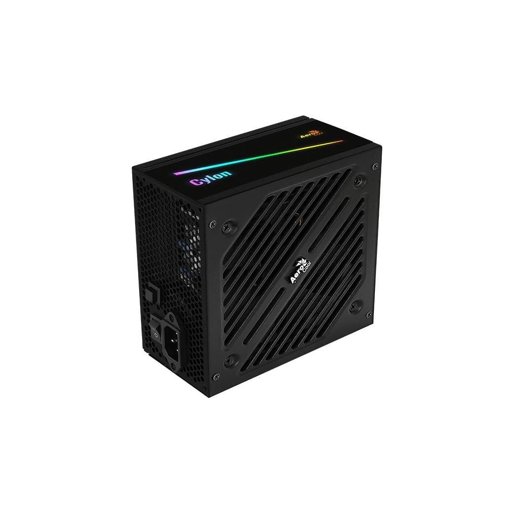 Sursa Aerocool Cylon 600W iluminare RGB, eficienta 85%, single rail (45A), ventilator silentios de 120mm cu iluminare RGB cu control termic automat, 2x 6+2pin PCIE, 5x SATA, 3x Molex, 1x Floppy, 1x 4+4pin EPS12V (lungime 550mm), 1x 24pin (lungime 500mm), protectii OPP/OVP/UVP/SCP/SIP, Active PFC