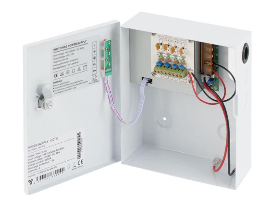 Sursa cu backup, 4 canale, comutatie, Tensiune de intrare: 190-265Vca, 50-60Hz, Tensiune de iesire: 13.8Vcc ±2%, 3A, loc pentru acumulator 12V/7Ah( nu este inclus), Protectie la scurtcircuit, supratensiune sau suprasarcina prin termistoare PTC, separat pentru fiecare canal; LED stare pe fiecare