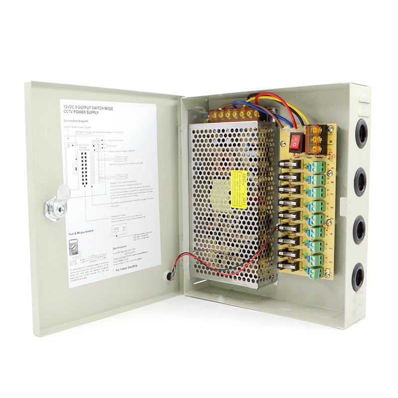 Sursa de alimentare 10A cu 9 iesiri protejate LN-IPS12V10A-9; alimentare 12v; DC Adjustable Range: ±10% Rated Voltage; Voltage Tolerance: ±2.0%; Line Regulation: ±0.5%; Load Regulation: ±1%; Setup,Rise Time,Hold Up Time:200ms,50ms, 20ms/230VAC; AC Voltage Range: 85-264VAC; Frequency Range: 47-63Hz