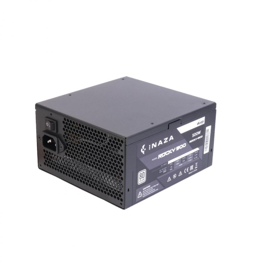 Sursa Inaza Rocky 500W, 80 PLUS, eficienta aproximativ 80%, single rail(41A), ventilator silentios de 140mm cu control termic automat, 2x 6+2pin PCIE, 4x SATA, 2x Molex, 1x 4+4pin EPS12V(600mm), 1x 24pin(500mm) ,OVP/SCP/OPP/UVP, Active PFC