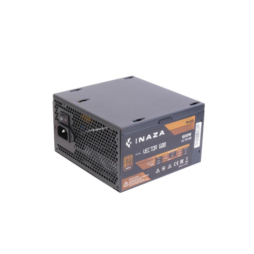 Sursa Inaza Vector 600W, 80 PLUS BRONZE, eficienta aproximativ 82%, single rail (54A), ventilator silentios de 120mm cu controltermic automat, cabluri plate pentru un mai bun wire management, 2x 6+2pin PCIE, 5x SATA, 2x Molex, 1x floppy, 1x 4+4pinEPS12V(600mm), 1x 24pin(500mm), OVP/SCP/OPP/UVP