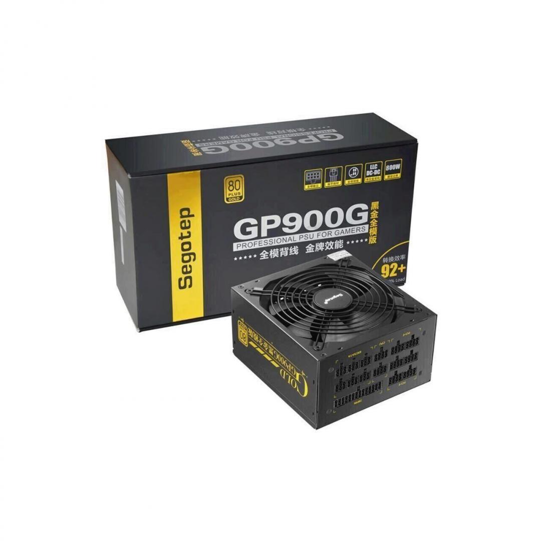 Sursa full modulara Segotep GP900G 800W, certificata 80 PLUS Gold, eficienta 92.24%, single rail (66A), ventilator silentios de140mm cu control termic automat, 6x 6+2pin PCIE, 8x SATA, 6x Molex, 1x 4+4pin EPS12V (lungime 600mm), protectii OVP/OCP/OPP/SCP/UVP, Active PFC, ATX 12V v2.31