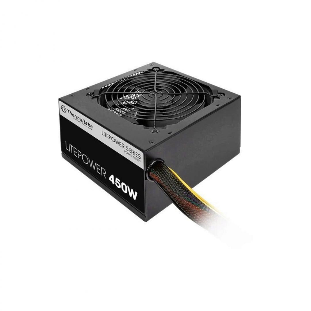 Sursa Thermaltake Litepower 450W, single rail (33A), ventilator silentios de 120mm cu control termic automat, 2x 6+2pin PCIE, 4xSATA, 4x Molex, 1x Floppy, 1x 4+4pin EPS12V, SCP/OVP/OPP, Active PFC, compatibila cu standardele ATX 12V V2.3 & EPS 12V, dimensiuni(w/h/d): 150 x 86 x 140mm