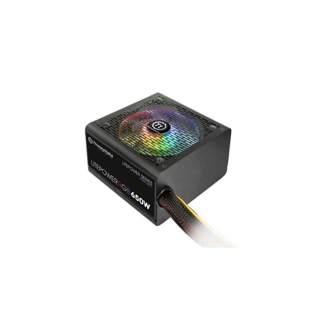 Sursa Thermaltake Litepower 650W iluminare RGB, single rail (48A), ventilator silentios de 120mm cu iluminare RGB si control termicautomat, 2x 6+2pin PCIE, 5x SATA, 6x Molex, 1x Floppy, 1x 4+4pin EPS12V, 1x 24pin, SCP/OVP/OPP, Active PFC, compatibila custandardele ATX 12V V2.3 & EPS 12V, dimensiuni