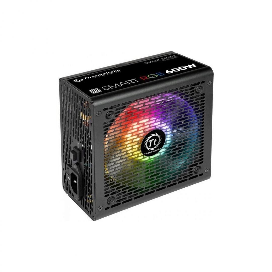 Sursa Thermaltake Smart RGB 600W iluminare RGB, certificata 80 PLUS, eficienta 82-86%, single rail (42A), ventilator silentios de120mm cu control termic automat, buton pentru contolul culorii de iluminare a ventilatorului (Red/Green/Blue/Yellow/Purple/LightBlue/White, 256 Color RGB Cycle, Solid