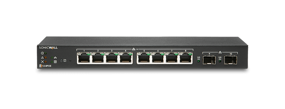 Switch SonicWall SWS12 8 porturi Gigabit, 2 porturi SFP, POE/POE+, static routing, firewall/cloud managed