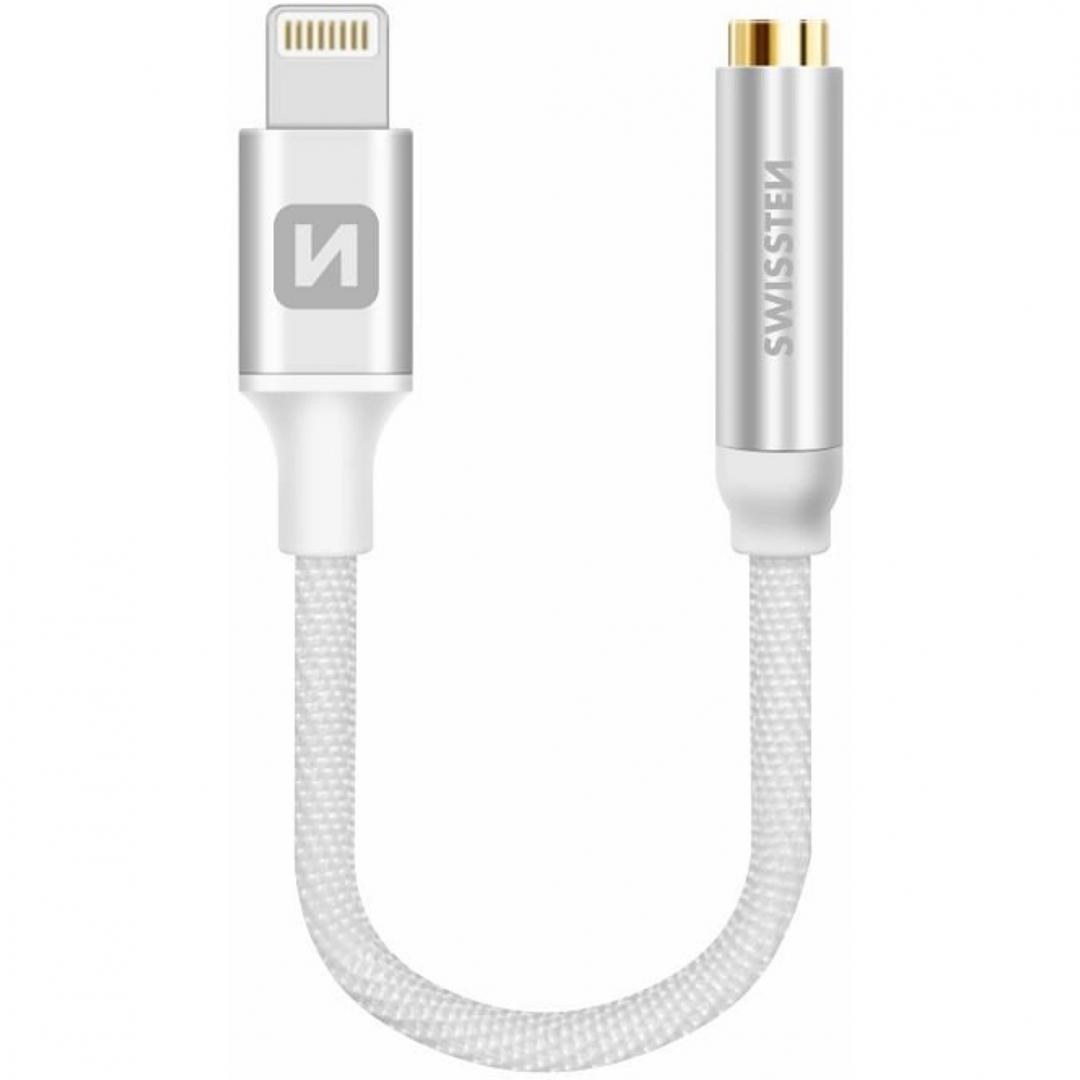 Swissten / Adaptor Audio Lightning la Jack 3.5mm, Textil, Lungime 15cm, Argintiu