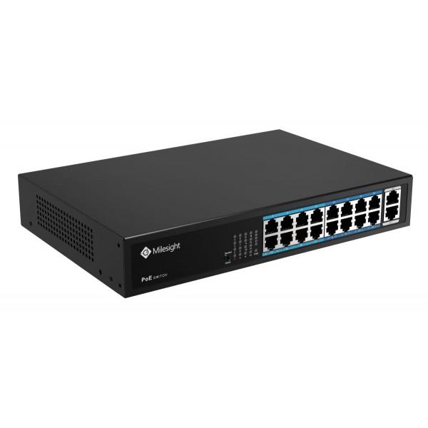 POE Switch Milesight 16 Porturi POE MS-S0216-GL, Porturi: 16X10/100MbpsPoEports(RJ45) +2X1000Mbps uplink ports, Alimentare: Built- in switching power supply AC 100~240 V, 50-60 Hz, 2.5A; Standard POE: IEEE802.3af/at; Buget POE: max. 200W, max 30W per port, Temperatura de functionare:-20℃~55℃; IP30
