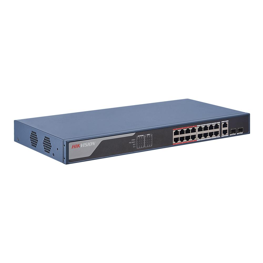 Switch 16 porturi POE Hikvision DS-3E1318P-EI, L2, Smart Managed, 16 × 100 Mbps PoE RJ45 ports si 2 × porturi gigabit, Putere PoE 230W, maxim 30W per port, Extend mode - pana la 300 metri,  Switching capacity 7.2 Gbps, Visualized Topology Management, Network Health Monitor, Real-Time Alarm Push