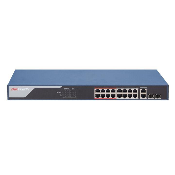 Switch 16 porturi PoE Hikvision DS-3E1318P-SI, L2, Smart Managed, 16 × 100 Mbps PoE RJ45 porturi si 2 × gigabit combo, putere PoE 230W, maxim 30W per port, switching capacity 7.2 Gbps, transmisie pana la 300 metri in modul extended, network topology management, alarm push, network health monitor