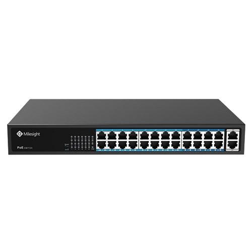 POE Switch Milesight 24 Porturi POE MS-S0224-GL, Porturi: 24X10/100MbpsPoEports(RJ45)+2X1000Mbps uplink ports, Alimentare: Built- in switching power supply AC 100~240 V, 50-60 Hz, 5A; Standard POE: IEEE802.3af/at; Buget POE: max. 400W, max 30W per port, Temperatura de functionare:-20℃~55℃; IP30