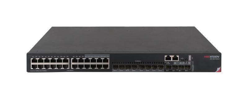 Switch Hikvision DS-3E3728-H: 24×10/100/1000BASE-T ports, 4×10G/1G BASE- X SFP+ ports, 1G/10G/40G port aggregation, VXLAN Layer 2 switching, VXLAN routing switching, VXLAN gateway, protocol: STP/RSTP/MSTP dimensiuni: 440×360×43.6mm, greutate: 6.7kg.