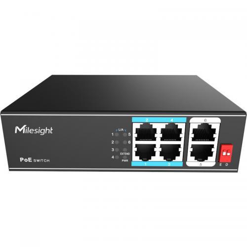 POE Switch Milesight 4 Porturi POE, Porturi: 4X10/100Mbps POE ports (RJ45) + 2X100Mbps uplink ports, Alimentare: AC 100~240V, 50-60Hz, 1A, Buget POE: max. 65W, max 30W per port, Temperatura de functionare:-20℃~ 55℃; IP30; Dimensiuni:142.5mm(W)X115mm(D)X40mm(H); Greutate: 0.500g