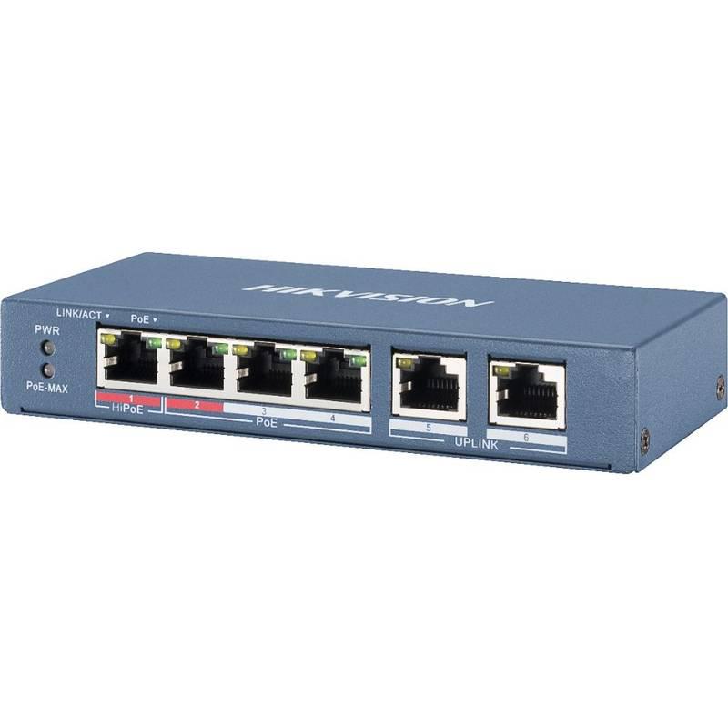 Switch 4 porturi PoE Hikvision DS-3E1106HP-EI 4 × 100 Mbps PoE RJ45 ports, 2 × 100 Mbps network RJ45 ports,IEEE 802.3at/af/bt standard for PoE ports,6 KV surge protection,AF/AT camera can reach up to 300 m in extend mode,Switching Capacity 1.2 Gbps, Packet Forwarding Rate 0.8928 Mpps,PoE Power
