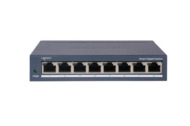 Switch 8 porturi Gigabit Hikvision DS-3E1508-EI(V2), L2, Smart Managed, 8 ×gigabit RJ45 porturi, switching capacity 16 Gbps, network topology management, alarm push, network health monitor, material metal, dimensiuni: 170 mm × 27.6 mm × 93.1 mm, greutate: 0.36 kg