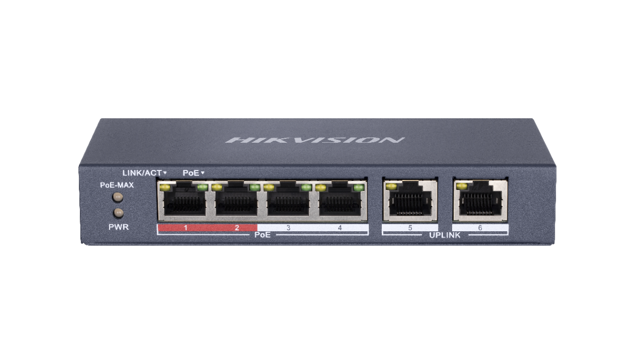 Switch Hikvision DS-3E0106P-E-M, Switching capacity 1.6 Gbps, 4 x 10/100Mbps PoE ports, and and 2 × 10/100Mbps RJ45 ports, MAC address table 4 K, PoE power budget 35 W, Internal cache 768 Kbits, 6 KV surge protection for PoE ports, Up to 300 m long-range transmission, dimensiuni: 145 mm × 68.45 mm ×