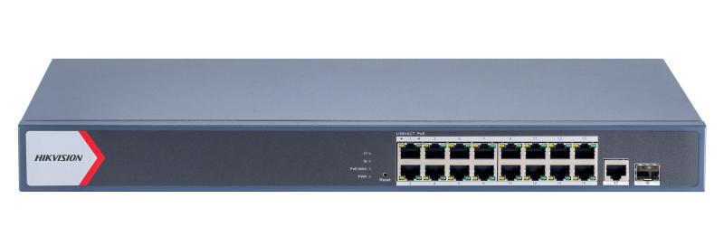 Switch 16 porturi POE Gigabit, Hikvision DS-3E1518P-EI(V2), Web management, 16 × gigabit PoE ports( PoE output power management), and 2 × gigabit fiber optical ports, IEEE 802.3at/af standard for PoE ports, AF/AT camera can reach up to 300 m in extend mode, PoE watchdog, RJ45 port, full duplex