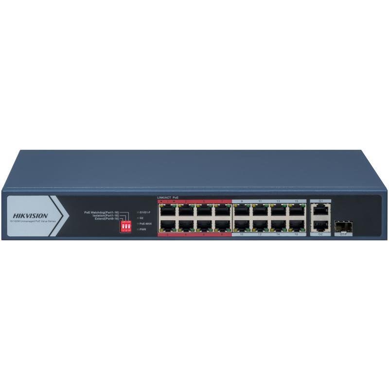 Switch PoE Hikvision DS-3E0318P-E/M(C): 16 × 10/100 Mbps PoE port,1× Gigabit RJ45 port,1 × Gigabit combo, 16 porturi PoE maxim 30W, buget PoE 130W, tensiune alimentare 100~240 V AC, 50/60 Hz, Max. 2.5 A., dimensiuni: 335.0 mm × 44.5 mm × 175.8 mm, greutate: 1.8kg, montare pe birou sau pe perete.