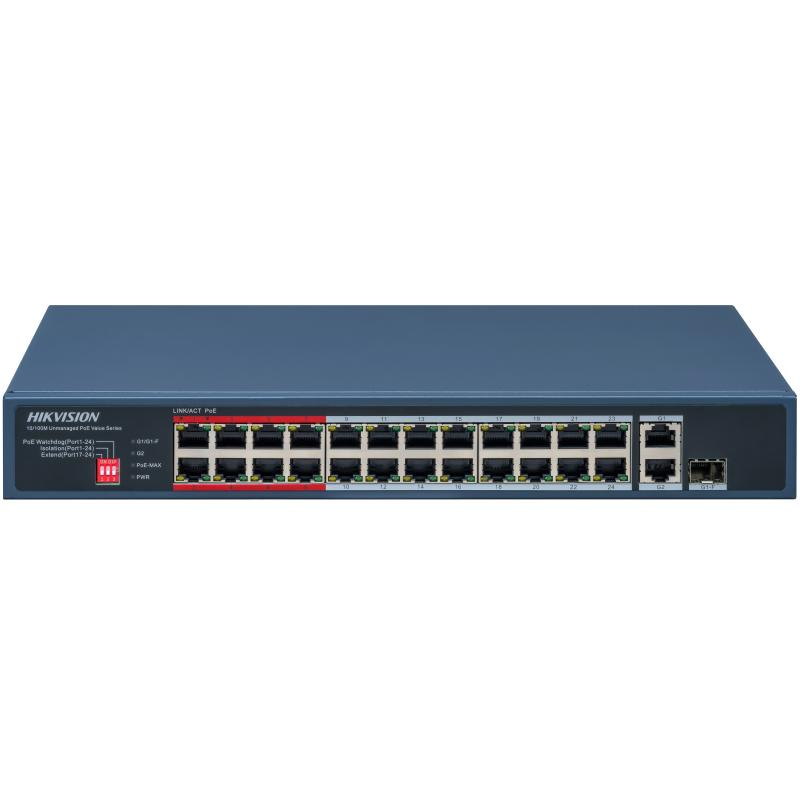 Switch Hikvision DS-3E0326P-E/M(C); 24 Port Fast Ethernet Unmanaged POE Switch Intelligent PoE Management When the power supply exceeds the limit, PoE ports intelligently manage the power supply, which extends the switch lifetime. Up to 300 m Long Range PoE Transmission The distance between IPCs and