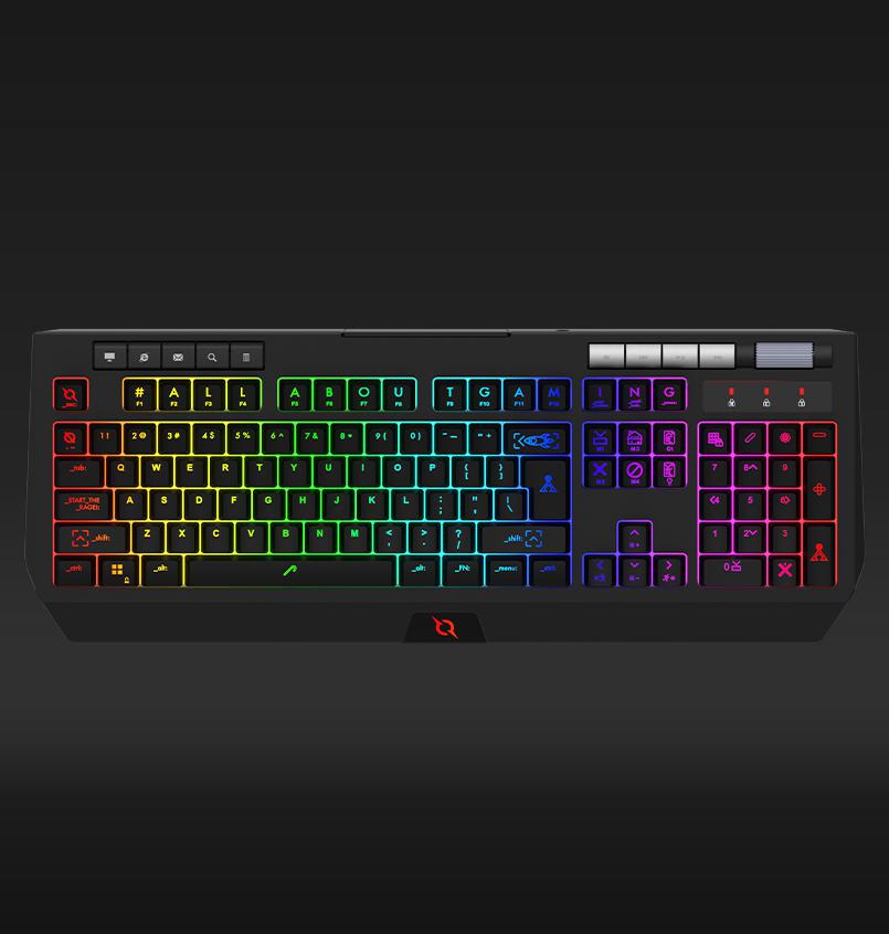 Tastatura AQIRYS Capella Black, cu fir, switch-uri silent, 114 de taste, US layout, compatibila cu PC/Mac si console, lungimea cablului 1.8m, cu iluminare RGB, neagra