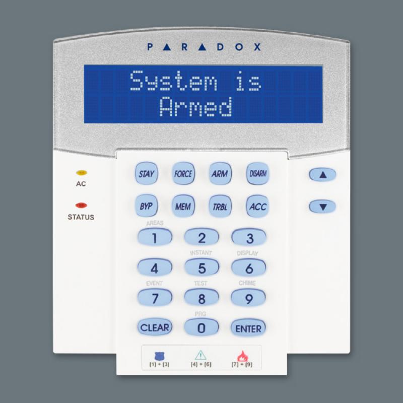 Tastatura LCD monocrom Paradox K641R, 32 caractere; cu cititor de proximitate; compatibilitate: EVO; aceleasi facilitati cu K641+ la care se adauga: cititor de card încorporat, acces permis folosind card şi/sau cod de acces, armare/dezarmare cu card, alarma locala in cazul în care uşa este forţată
